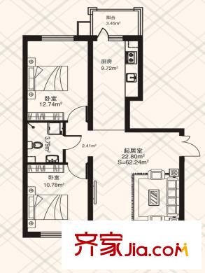 金豐優(yōu)豪斯小區(qū)戶型圖B3戶型 2室1廳1衛(wèi)1廚