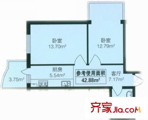 東泰金谷戶型圖戶型 使用面積42.88平方米 2室1廳1衛(wèi)1廚