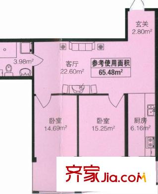 東泰金谷戶型圖戶型 使用面積65.48平方米 2室1廳1衛(wèi)1廚