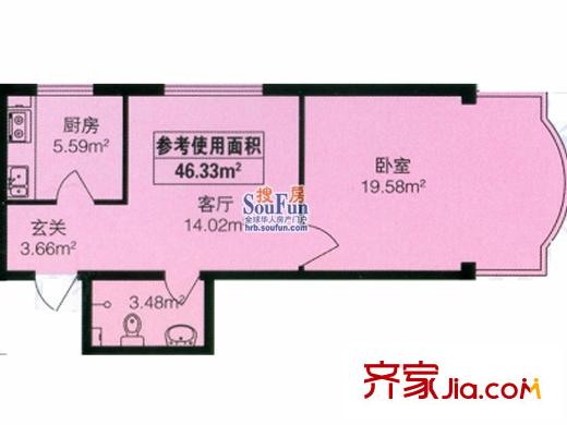 東泰金谷戶型圖戶型 使用面積46.33平方米 1室1廳1衛(wèi)1廚