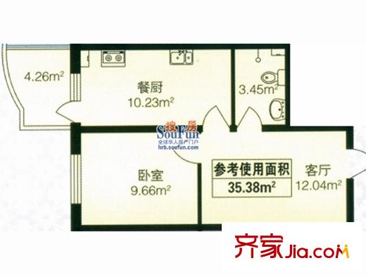 東泰金谷戶型圖戶型 使用面積35.38平方米 1室1廳1衛(wèi)1廚