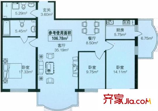 東泰金谷戶型圖戶型 使用面積106.78平方米 3室2廳2衛(wèi)1廚