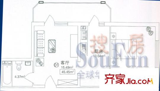 麒麟華府戶型圖1室1廳1衛(wèi)1廚