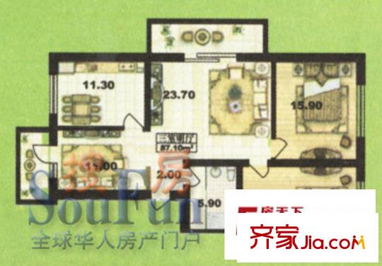 龍府家園戶型圖3室2廳1衛(wèi)1廚