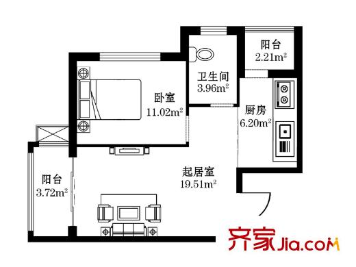 財(cái)富天地戶型圖B戶型 1室1廳1衛(wèi)1廚