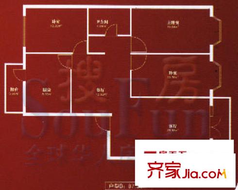 博萊雅園戶型圖B戶型 3室2廳1衛(wèi)1廚