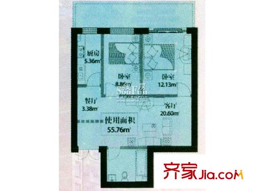 世紀(jì)嘉園戶型圖戶型 使用面積55.76平方米 2室2廳1衛(wèi)1廚