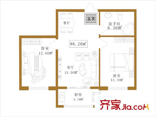 大江廣廈戶型圖B戶型 2室1廳1衛(wèi)1廚