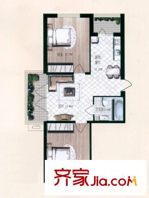 漢城國(guó)際戶型圖D1#-1戶型  2室2廳1衛(wèi)1廚