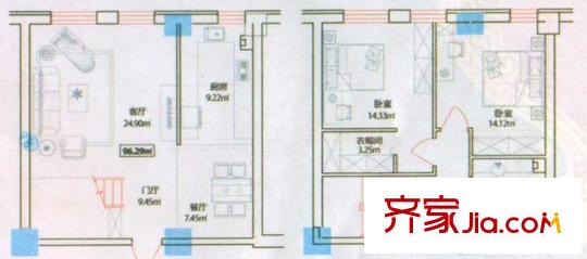 世紀(jì)嘉園戶型圖復(fù)式兩室兩廳一衛(wèi)96.29平方米 2室2廳1衛(wèi)1廚