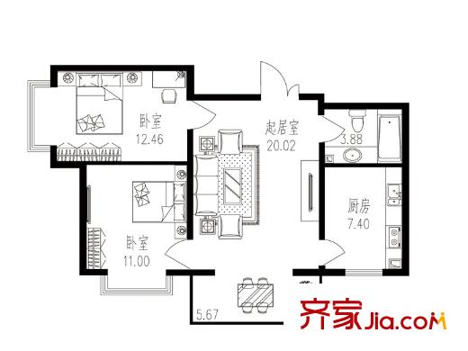 學(xué)府青年城戶型圖D戶型 2室1廳1衛(wèi)1廚