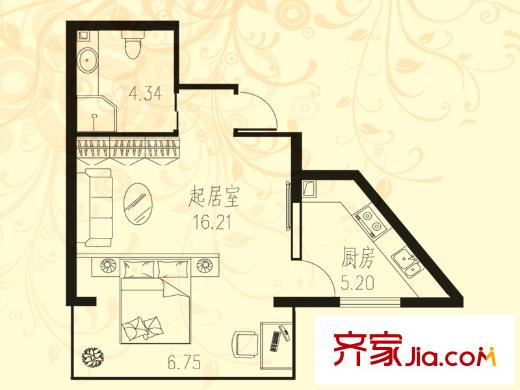 學(xué)府青年城戶(hù)型圖1號(hào)樓LOFT公寓C戶(hù)型 1室1廳1衛(wèi)1廚