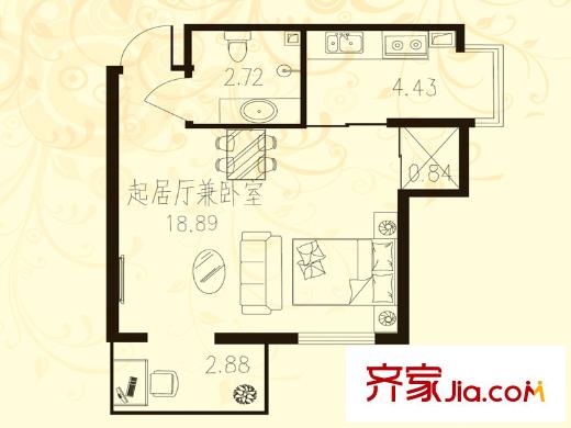 學(xué)府青年城戶(hù)型圖1號(hào)樓LOFT公寓B戶(hù)型 1室1廳1衛(wèi)1廚