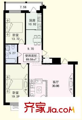 香江月精品名座戶型圖兩室一廳89.58平方米 2室1廳1衛(wèi)1廚