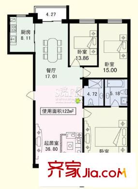 香江月精品名座戶型圖三室一廳122平方米 3室1廳2衛(wèi)1廚