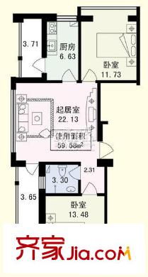 香江月精品名座戶型圖兩室一廳59.58平方米 2室1廳1衛(wèi)1廚