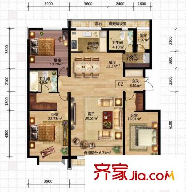 富達(dá)藍(lán)山戶(hù)型圖12#樓1單元02門(mén)/2單元01門(mén) 3室2廳2衛(wèi)1廚