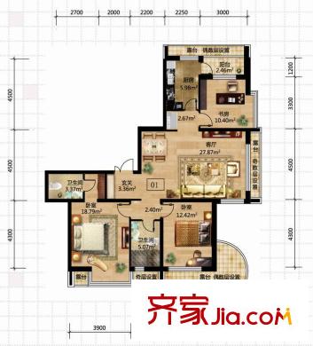 富達(dá)藍(lán)山戶(hù)型圖12#樓1單元01門(mén)/2單元02門(mén) 3室1廳2衛(wèi)1廚