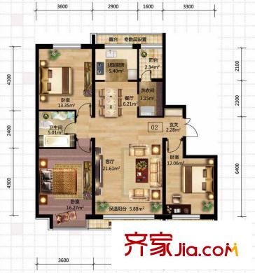 富達(dá)藍(lán)山戶(hù)型圖11#樓1單元02門(mén)/2單元01門(mén) 3室2廳1衛(wèi)1廚