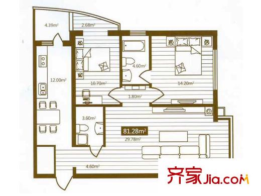 嵩山國際戶型圖A戶型  2室1廳2衛(wèi)1廚