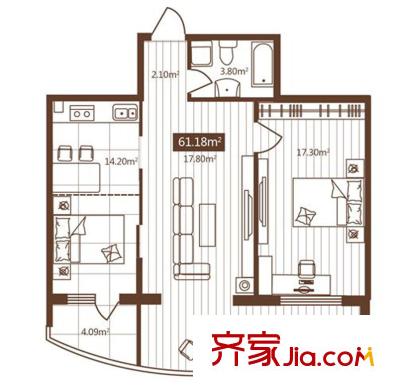 嵩山國際戶型圖E戶型 2室1廳1衛(wèi)1廚