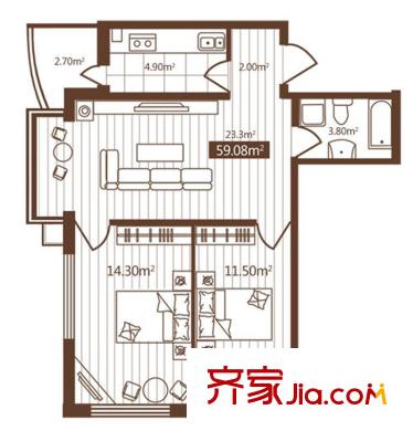嵩山國(guó)際戶型圖H戶型  2室1廳1衛(wèi)1廚
