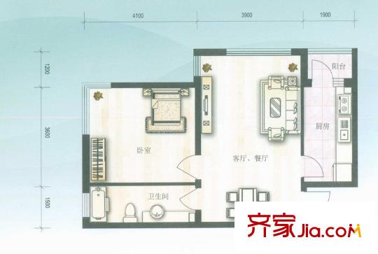 水木蘭亭戶型圖戶型 1室2廳1衛(wèi)1廚