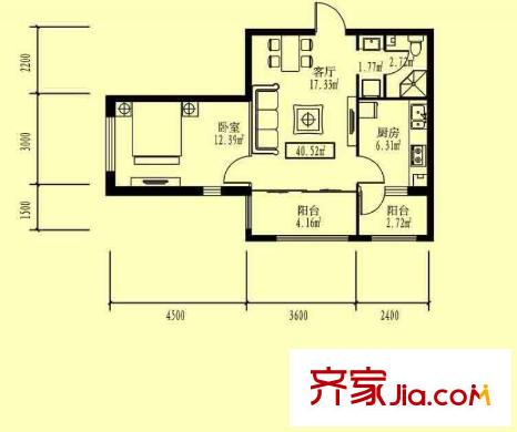 先鋒領地戶型圖H戶型 1室1廳1衛(wèi)1廚