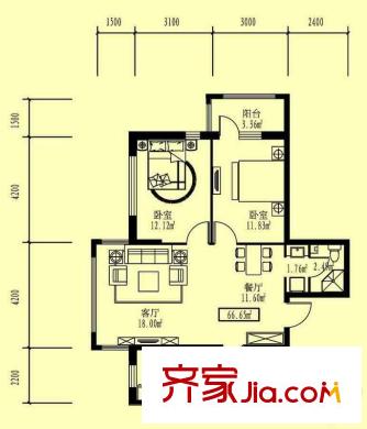 先鋒領地戶型圖D戶型 2室2廳1衛(wèi)1廚