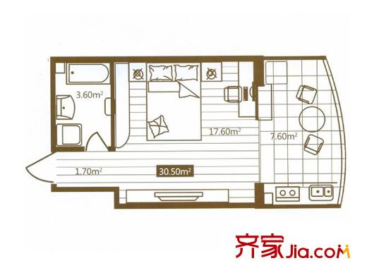 嵩山國際戶型圖B戶型  1室1衛(wèi)1廚