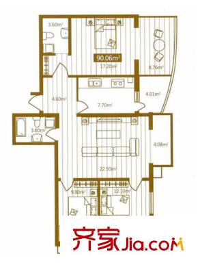 嵩山國際戶型圖C戶型  3室1廳2衛(wèi)1廚