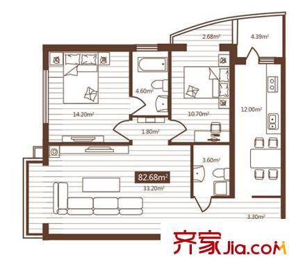嵩山國際戶型圖F戶型 2室1廳2衛(wèi)1廚