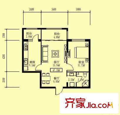 先鋒領地戶型圖F戶型 1室2廳1衛(wèi)1廚