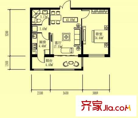 先鋒領地戶型圖A戶型 1室1廳1衛(wèi)1廚