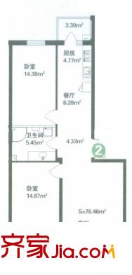 林海華庭戶型圖3號樓3單元-2戶型 2室2廳1衛(wèi)1廚