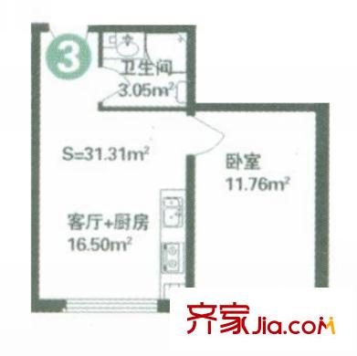 林海華庭戶型圖4號樓1單元-3戶型 1室1廳1衛(wèi)1廚