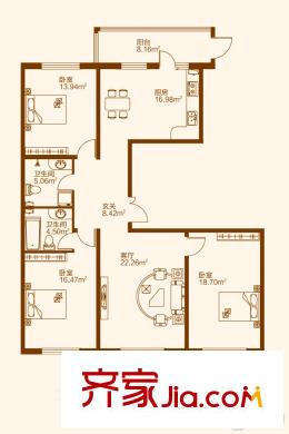 中鐵嘉園戶型圖E戶型 3室2廳1衛(wèi)2廚