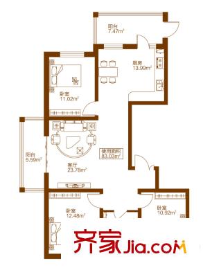 中鐵嘉園戶型圖D戶型圖 3室2廳1衛(wèi)1廚