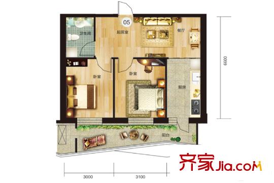 方遠(yuǎn)?濱江國(guó)際C2-1-05戶型 2室1廳1衛(wèi)1廚