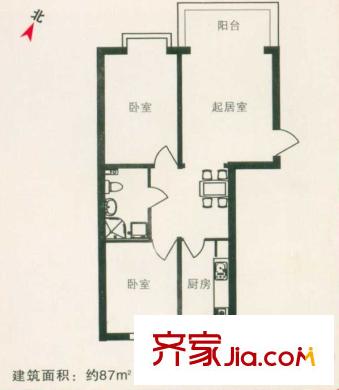 富麗國際戶型圖B戶型 2室2廳1衛(wèi)1廚