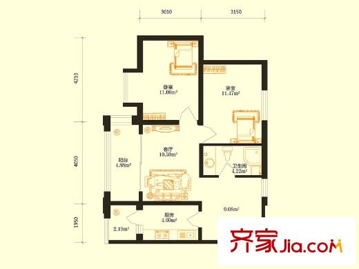 溪水灣戶型圖B戶型 2室1廳1衛(wèi)1廚