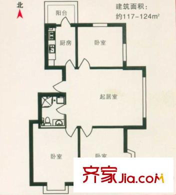 富麗國際戶型圖D戶型 3室1廳1衛(wèi)1廚