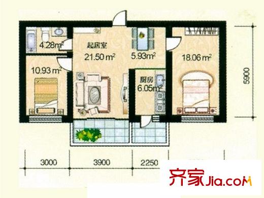常盛源戶型圖戶型 使用面積66.75平方米 2室2廳1衛(wèi)1廚