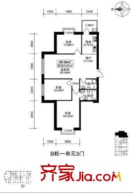恒祥首府戶型圖B棟一單元3門(mén)三室兩廳一衛(wèi)88.56平方米 3室2廳1衛(wèi)
