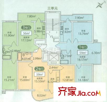 康寧家園戶型圖三單元戶型總體平面圖 2室1廳1衛(wèi)1廚