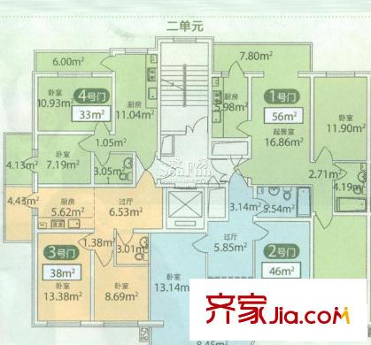 康寧家園戶型圖二單元戶型總體平面圖 3室1廳1衛(wèi)1廚