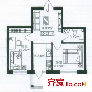 東方玫瑰園戶型圖J戶型  2室1廳1衛(wèi)1廚