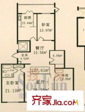 中浩華爾街戶型圖3室2廳1衛(wèi)1廚