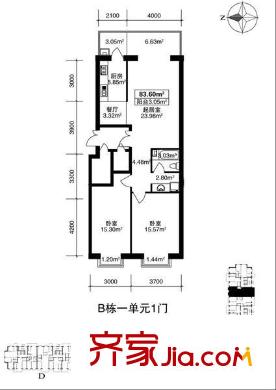 恒祥首府戶型圖B棟一單元1門(mén)兩室兩廳一衛(wèi)83.60平方米 2室2廳1衛(wèi)1廚