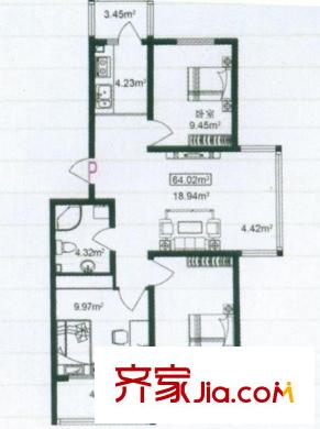 東方玫瑰園戶型圖P戶型  3室1廳1衛(wèi)1廚